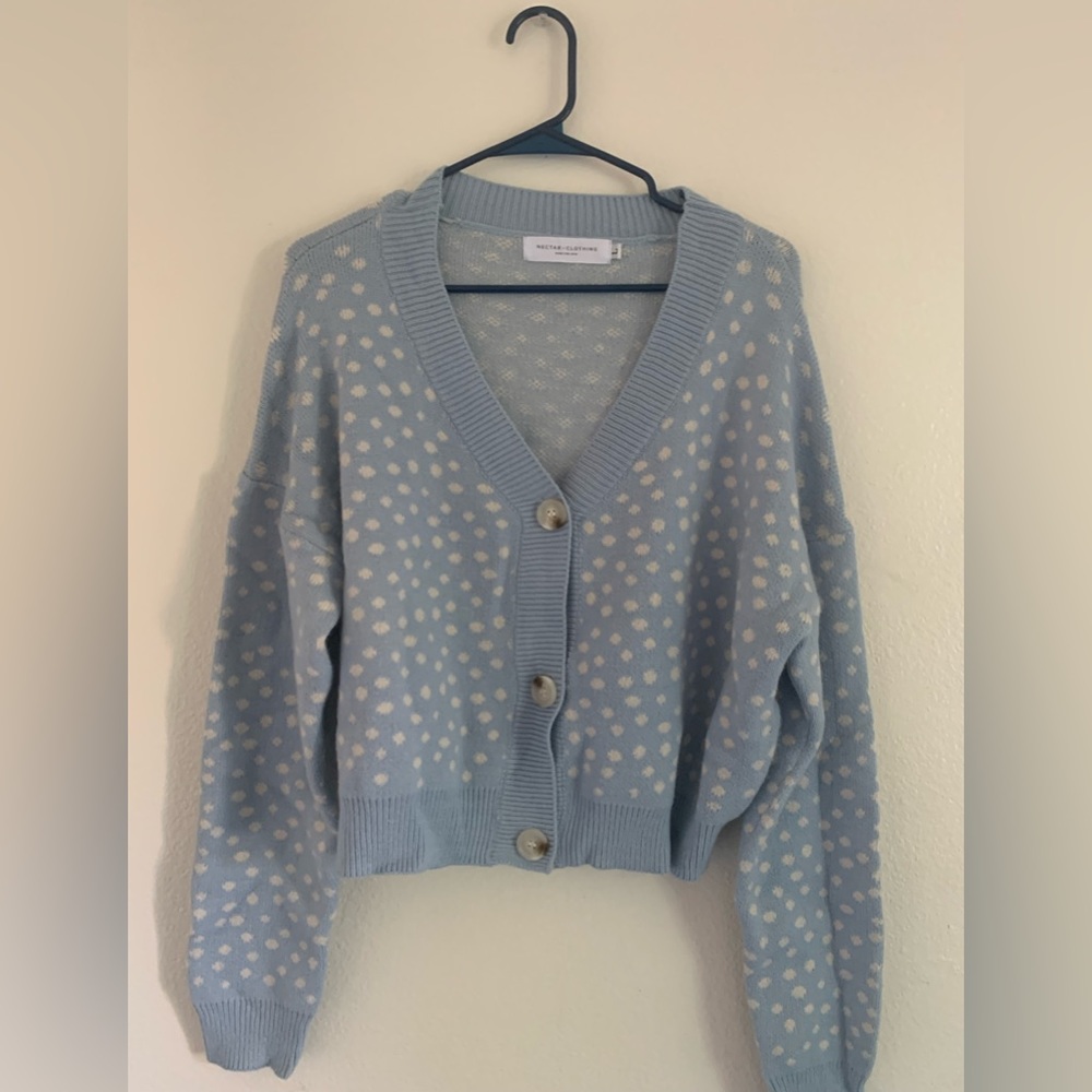 Nectar Long Sleeve Button Up Sweater, Light Blue with White Polka Dots, size L